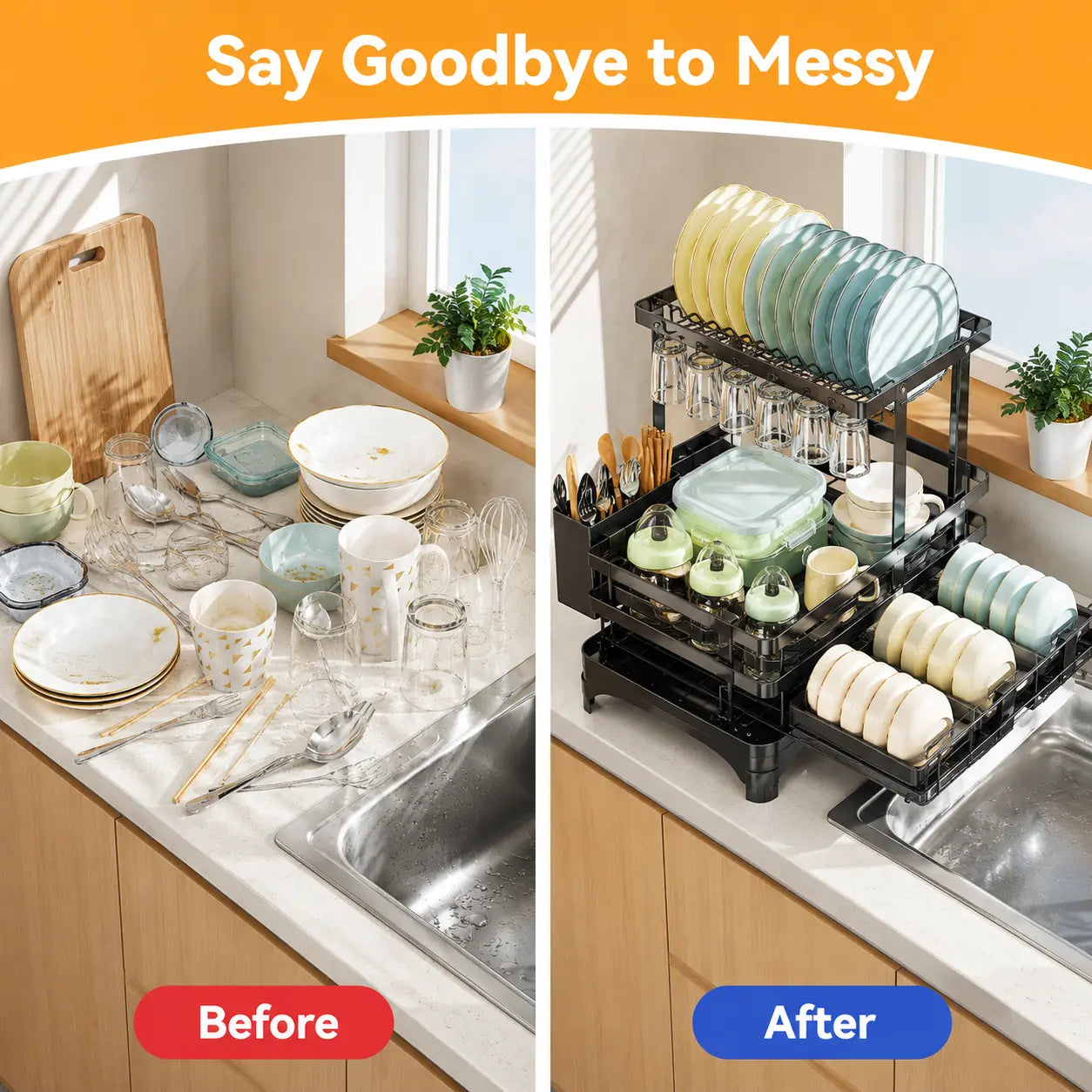 [Dealsforyoudays] Foldable over Sink Dish Drying Rack Pull-Out 2-Tier Dish Drainer with Utensil Holder Space Saving Kitchen Organizer for Small Kitchens